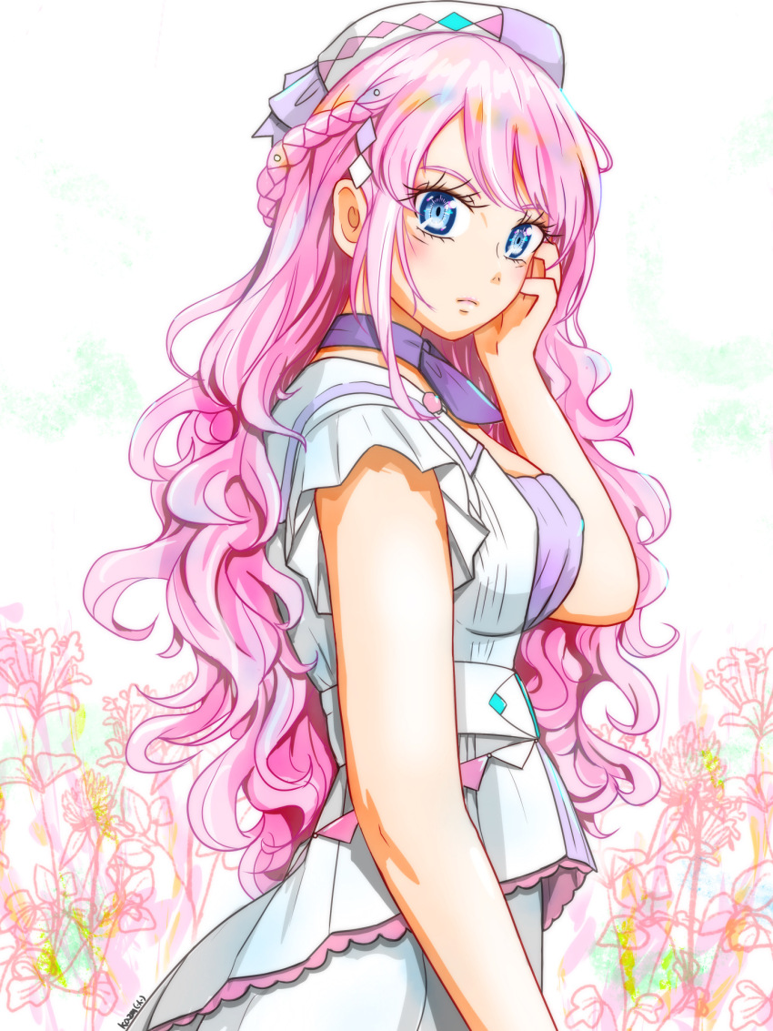 1girl blue_eyes braid breasts commentary_request dress expressionless flower from_side half_updo hand_on_own_cheek hand_on_own_face hat highres kazm00 large_breasts looking_at_viewer magical_mirai_(vocaloid) magical_mirai_luka magical_mirai_luka_(2024) megurine_luka pink_hair scarf short_sleeves solo vocaloid