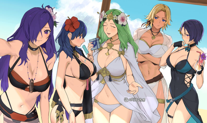 5girls bare_shoulders beach bikini black_bikini black_choker black_one-piece_swimsuit blonde_hair blue_eyes blue_hair breasts casual_one-piece_swimsuit catherine_(fire_emblem) catherine_(summer)_(fire_emblem) choker cleavage commentary_request covered_navel female_byleth_(fire_emblem) female_byleth_(summer)_(fire_emblem) female_shez_(fire_emblem) female_shez_(summer)_(fire_emblem) fire_emblem fire_emblem:_three_houses fire_emblem_heroes fire_emblem_warriors:_three_hopes flower green_hair hair_between_eyes hair_flower hair_ornament hair_over_one_eye hibiscus highres large_breasts long_hair midriff multiple_girls navel nintendo official_alternate_costume one-piece_swimsuit open_mouth purple_eyes purple_hair rhea_(fire_emblem) rhea_(summer)_(fire_emblem) shamir_nevrand shamir_nevrand_(summer) short_hair smile stomach swimsuit ushiomi white_bikini yellow_flower