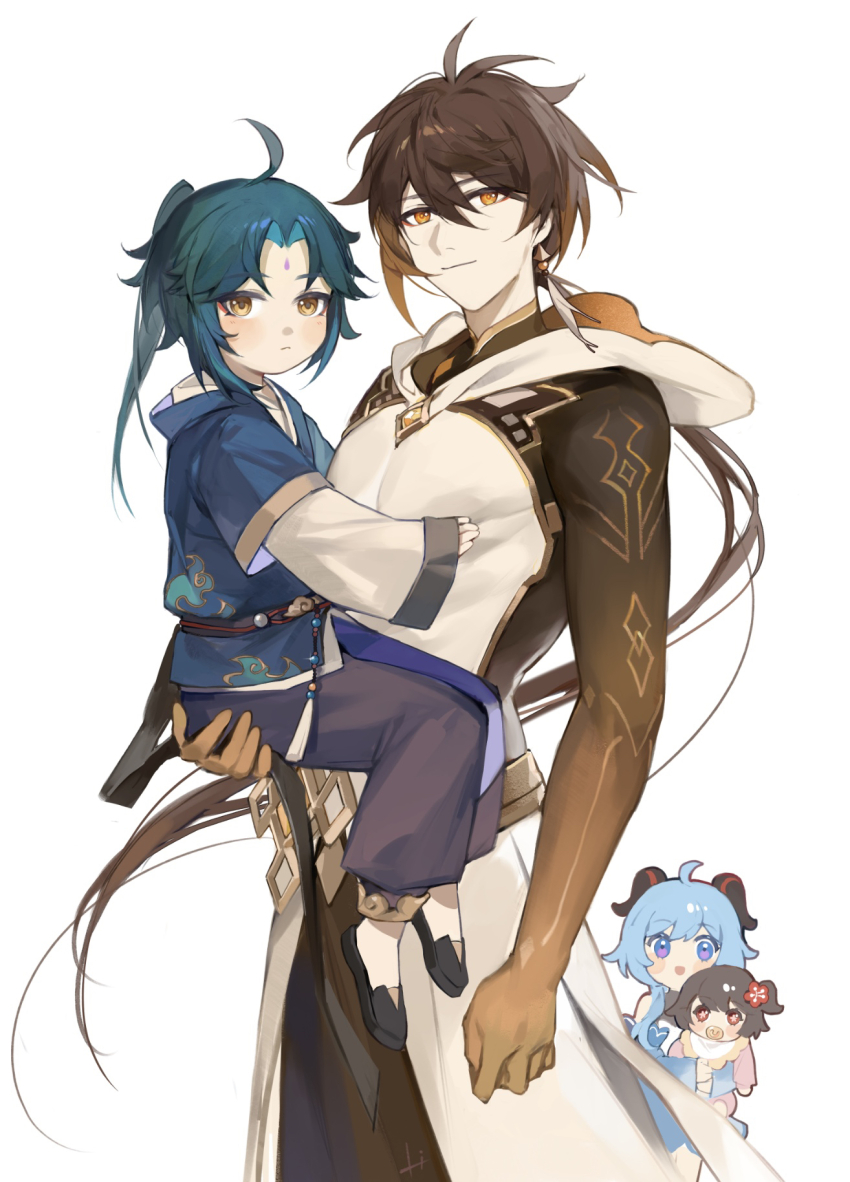2boys 2girls aged_down baby bib black_hair blue_hair blush brown_hair carrying child closed_mouth detached_sleeves earrings facial_mark forehead_mark ganyu_(genshin_impact) genshin_impact gradient_hair highres hood hood_down horns hu_tao_(genshin_impact) jewelry lizi_(st3648) long_hair long_sleeves looking_at_viewer multicolored_hair multiple_boys multiple_girls orange_eyes pacifier ponytail red_eyes simple_background single_earring tassel very_long_hair white_background xiao_(genshin_impact) zhongli_(genshin_impact)