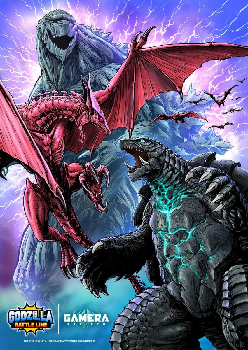 abs blue_eyes body_markings claws copyright_name cross_promotion crossover electricity emaciated energy engi_(animation_studio) english_text flying gamera gamera_(series) gamera_-rebirth- giant giant_monster glowing glowing_eyes glowing_markings glowing_spikes glowing_veins godzilla godzilla:_planet_of_the_monsters godzilla_(series) godzilla_battle_line godzilla_earth green_eyes bad_tag gyaos highres japanese_text kadokawa kaiju monster muscular neon_trim nishikawa_shinji no_humans no_pupils now_production official_art open_mouth pink_electricity polygon_pictures promotional_art red_eyes ribs sea_monster sharp_teeth size_difference spikes spine tail talons teeth toho toho_games turtle turtle_shell tusks veins wings