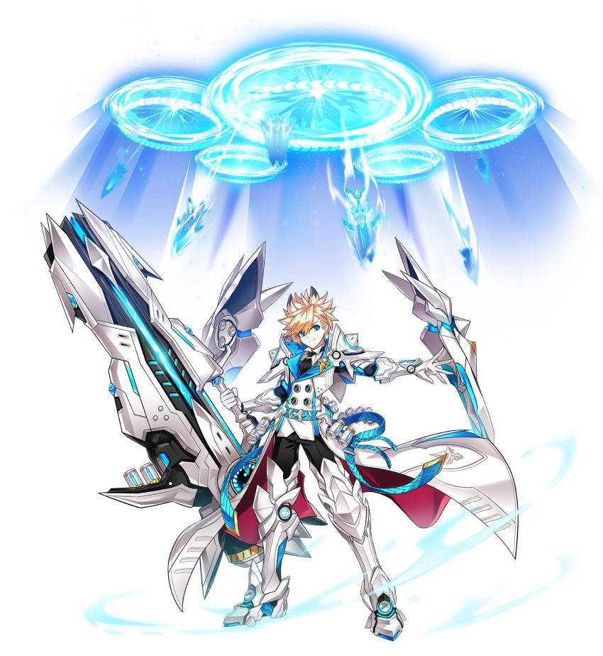 1boy animal_ears aqua_eyes armor armored_boots artist_request asymmetrical_bangs black_necktie black_pants blonde_hair boots buttons check_artist chung_seiker closed_mouth coat collared_jacket collared_shirt double-breasted elsword floating_clothes floating_hair full_body game_cg gauntlets happy highres holding_cannon huge_weapon hwansang jacket knee_boots knee_pads lapel_pin lapels light_particles looking_at_viewer magic magic_circle male_focus necktie official_art open_clothes open_coat outstretched_arm pants pauldrons peaked_lapels red_coat second-party_source shirt short_hair shoulder_armor shoulder_spikes smile solo spiked_hair spikes standing tachi-e tie_clip transparent_background two-sided_coat two-sided_fabric two-sided_jacket weapon white_boots white_coat white_jacket white_shirt