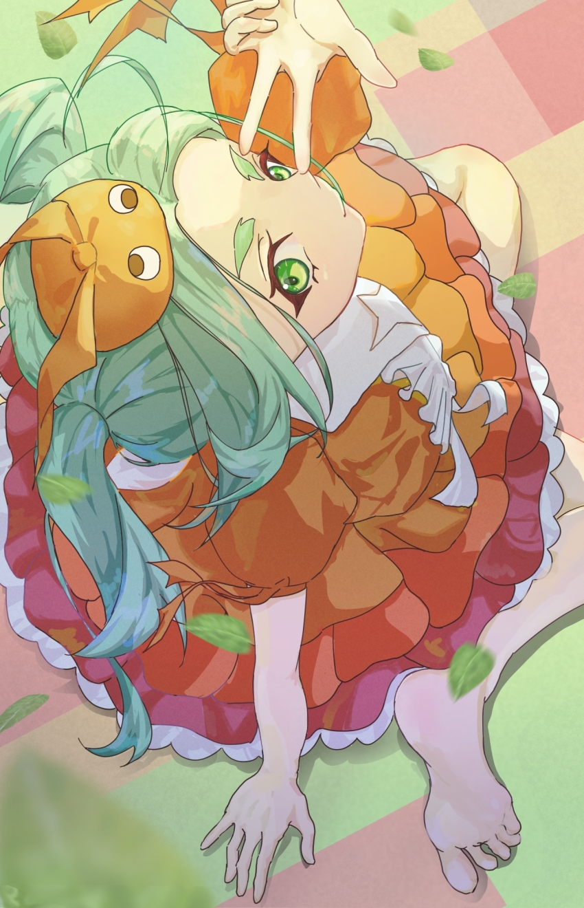 1girl anninso aqua_hair barefoot blurry blurry_foreground closed_mouth dress feet from_above full_body googly_eyes green_eyes hat highres hikimayu leaf long_hair looking_at_viewer mini_hat monogatari_(series) nisemonogatari ononoki_yotsugi orange_dress orange_hat puffy_short_sleeves puffy_sleeves short_sleeves sitting smile solo twintails w wariza