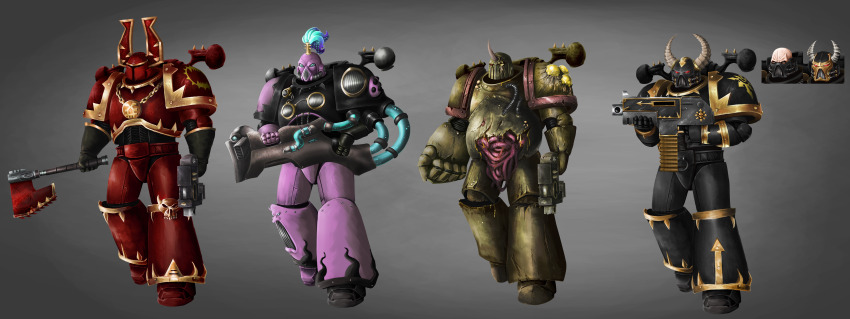 .75_calibre_bolt 4boys absurdres adeptus_astartes ammunition ammunition_belt anti-materiel_cartridge armor axe black_armor black_legion bolt_(warhammer_40k) bolter chain_axe chainsword chaos_(warhammer) chaos_space_marine commentary death_guard eliphusz emperor&#039;s_children english_commentary fake_horns giant_hand green_armor gun handgun helmet high-explosive_cartridge highres holding holding_axe holding_gun holding_weapon horned_helmet horns intestines khorne_berserker multiple_boys mutation noise_marines plague_marine power_armor purple_armor red_armor rocket-assisted_projectile shoulder_armor single_horn space_marine warhammer_40k weapon world_eaters