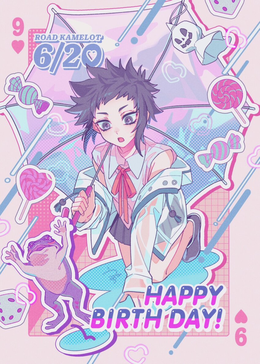 1girl birthday black_shoes black_skirt blue_jacket blue_umbrella border candy card card_background collared_shirt d.gray-man dice english_text food frog gradient_umbrella hand_on_floor happy_birthday heart heart-shaped_food heart-shaped_lollipop highres holding holding_umbrella jacket jacket_partially_removed kneeling legs lero lollipop looking_at_animal messy_hair miniskirt open_clothes open_jacket open_mouth outside_border pink_background pink_border pink_ribbon playing_card purple_eyes purple_hair purple_umbrella rain ribbon road_kamelot see-through_clothes see-through_jacket shaped_lollipop sheet_ghost shirt shoes short_hair sidelocks skirt sleeveless sleeveless_shirt solo spiked_hair thighs umbrella uzura-000 water_drop wet_floor white_shirt