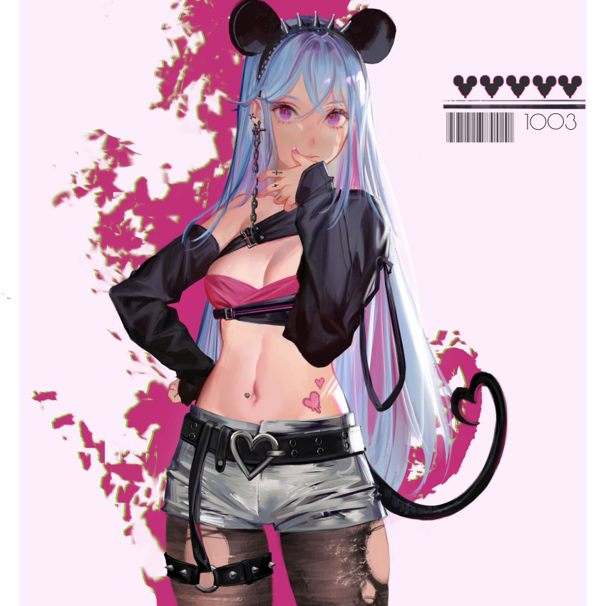 1girl absurdres animal_ears barcode belt black_belt black_hairband black_pantyhose black_tail blue_hair bra breasts chain cleavage closed_mouth commentary cross cross_earrings cross_tattoo dated_commentary ear_piercing earrings english_commentary fake_animal_ears finger_tattoo fingernails grey_shorts hairband hand_on_own_hip hand_up heart heart_tattoo highres jewelry long_sleeves looking_at_viewer midriff mouse_ears mouse_tail multicolored_hair navel navel_piercing o-ring o-ring_thigh_strap original pantyhose piercing pillarboxed pink_background pink_bra pink_hair pink_nails short_shorts shorts shrug_(clothing) sleeves_past_wrists small_breasts solo stomach_tattoo streaked_hair studded_thigh_strap tail tattoo thigh_strap torn_clothes torn_pantyhose underwear wowmoto2
