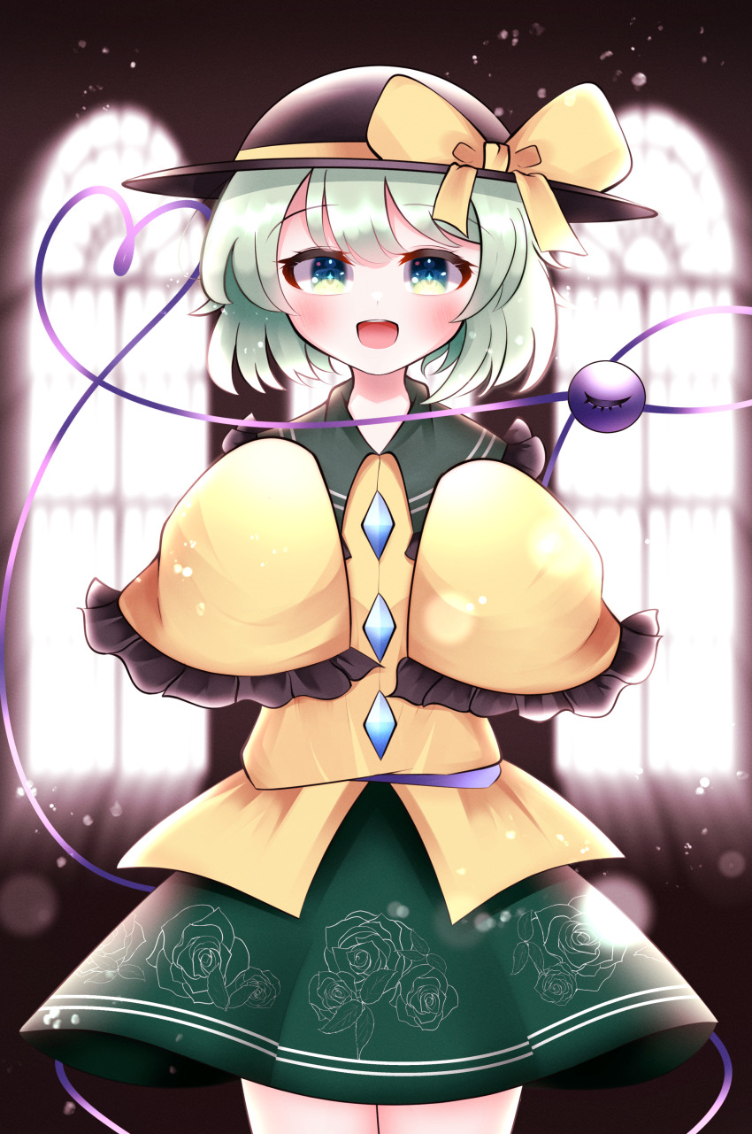 +_+ 1girl :d absurdres backlighting black_hat blurry blurry_background blush bow buttons cowboy_shot depth_of_field diamond_button flat_chest floppy_sleeves floral_print frilled_shirt_collar frills green_eyes green_hair green_skirt hands_up happy hat hat_bow heart heart_of_string highres indoors komeiji_koishi light_particles long_sleeves looking_at_viewer open_mouth shirt short_hair skirt sleeves_past_fingers sleeves_past_wrists smile solo third_eye touhou waroemon window yellow_bow yellow_shirt