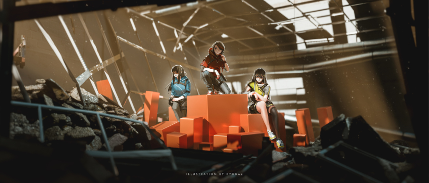 3girls absurdres black_legwear black_pants blue_jacket brown_hair chest_strap closed_mouth commentary cube faiz_azhar hair_ornament hairclip highres holster hood hoodie indoors jacket light_particles long_hair long_sleeves looking_at_viewer multicolored_hair multiple_girls original pants red_footwear red_hair red_hoodie rubber_duck shirt shoes short_hair short_sleeves single_thighhigh sitting sneakers squatting streaked_hair thigh_holster thigh_strap thighhighs white_footwear wristband yellow_shirt