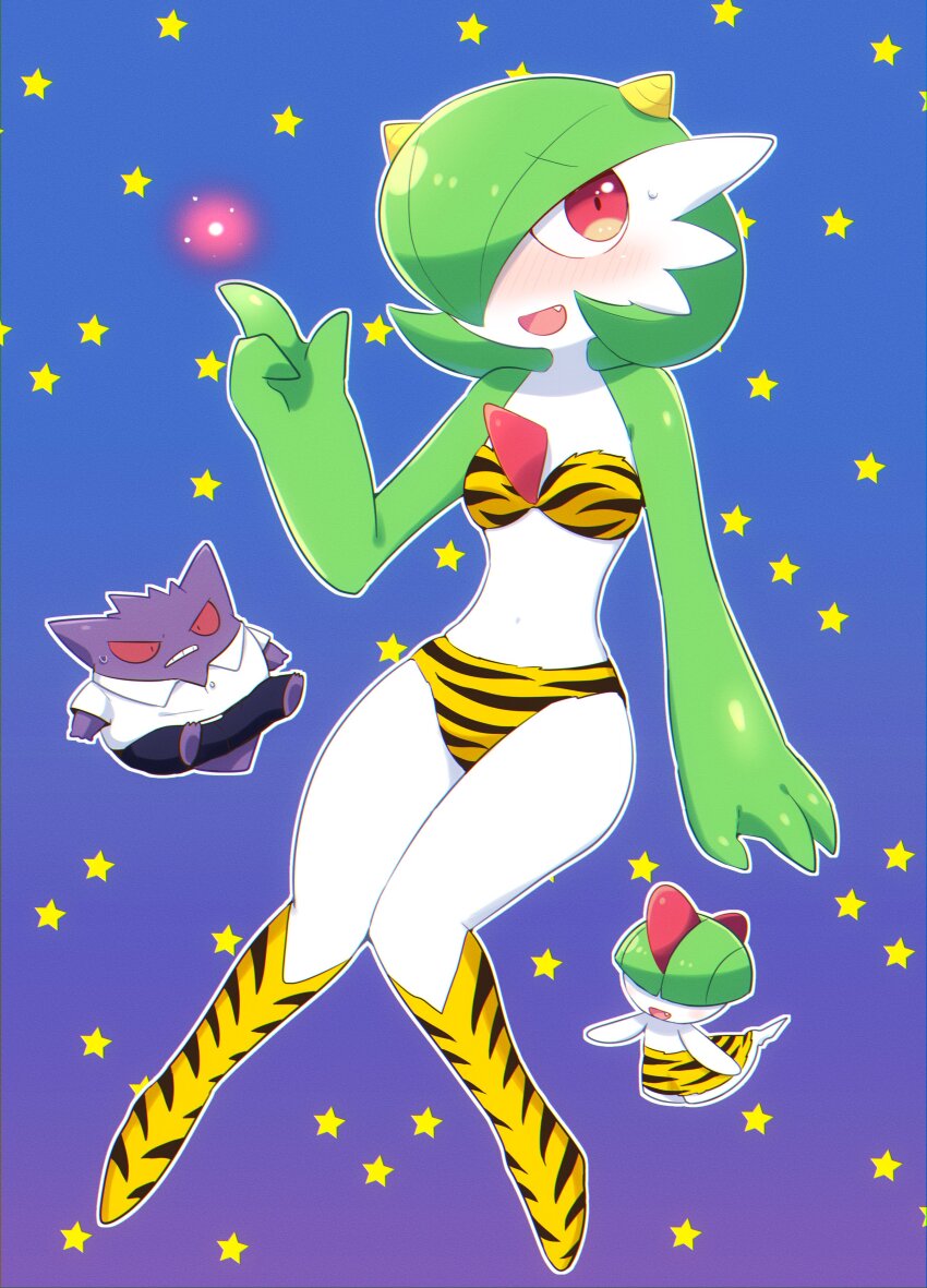 absurdres animal_print bikini blue_background blush bob_cut boots collared_shirt cosplay fang gardevoir gen_1_pokemon gen_3_pokemon gengar ghost gradient_background green_hair hair_over_eyes hair_over_one_eye highres horns lum lum_(cosplay) midriff moroboshi_ataru moroboshi_ataru_(cosplay) navel nintendo open_mouth pants pink_eyes pokemon pokemon_(creature) ralts red_eyes shirt star_(symbol) star_symbol_background strapless strapless_bikini subaru331 swimsuit ten_(urusei_yatsura) ten_(urusei_yatsura)_(cosplay) tiger_print urusei_yatsura white_shirt