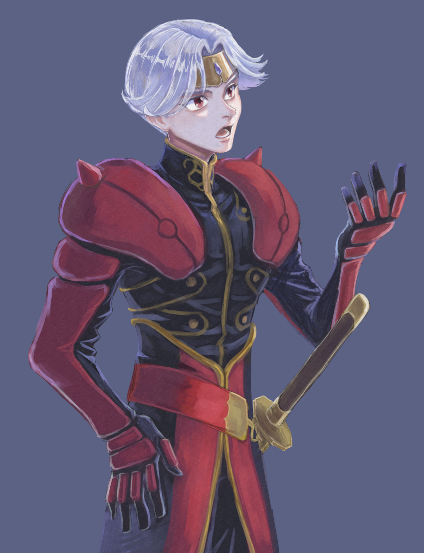 1boy :o absurdres armor circlet dilandau_albatou gauntlets grey_hair hand_on_own_hip hand_up highres male_focus red_armor red_eyes sheath sheathed short_hair standing sword tenkuu_no_escaflowne tokoharuland_(parfait) weapon