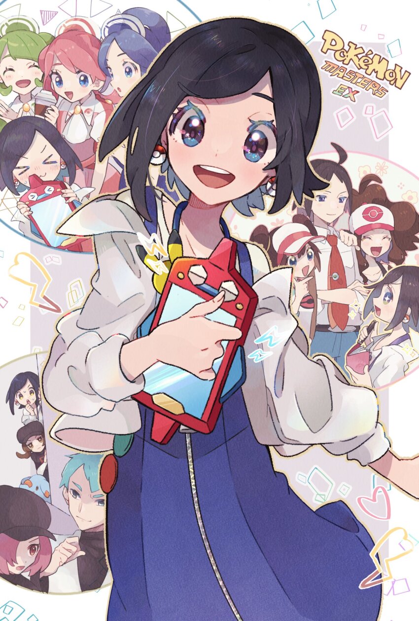 &gt;_&lt; 6+girls ahoge archer_(pokemon) baseball_cap black_hair blue_hair brown_hair cheren_(pokemon) collarbone collared_shirt copyright_name crossed_arms cup disposable_cup earrings gen_2_pokemon green_hair hand_on_own_chin hat heart highres hilda_(pokemon) holding holding_pen jewelry kana_(pokemon) lyra_(pokemon) misha_(ohds101) multiple_girls necktie nintendo peeking_out pen phanpy pink_hair poke_ball_earrings pokemon pokemon_bw pokemon_bw2 pokemon_hgss pokemon_masters_ex poryphone protected_link red_necktie rosa_(pokemon) shirt smile team_rocket team_rocket_grunt team_rocket_uniform tricia_(pokemon) trinnia_(pokemon) trista_(pokemon) visor_cap