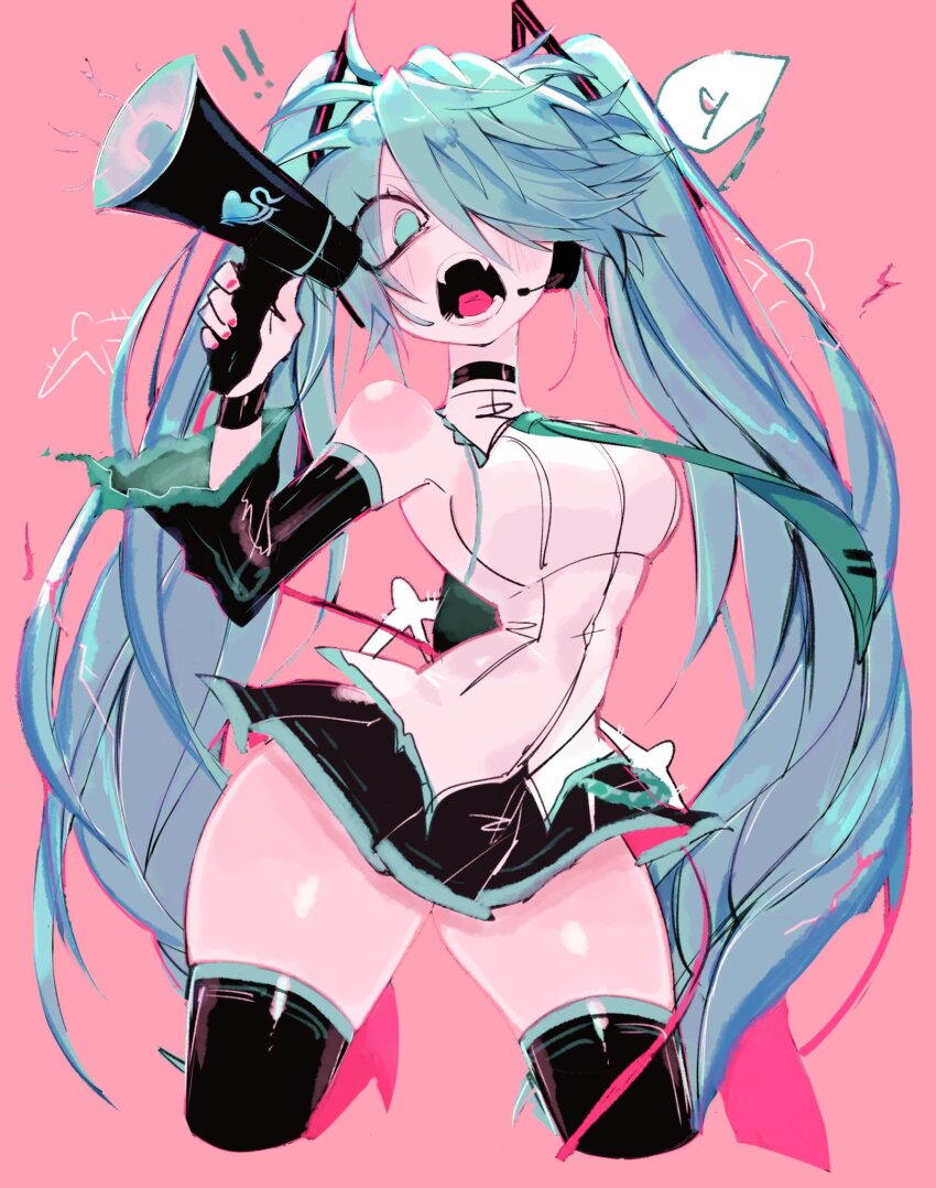 1girl angry aqua_eyes aqua_hair detached_sleeves gloves green_hair hair_ornament hatsune_miku headphones highres holding koi_wa_sensou_(vocaloid) long_hair megaphone necktie open_mouth pantyhose shirt skirt solo supercell_(band) thighhighs twintails usa37107692 very_long_hair vocaloid