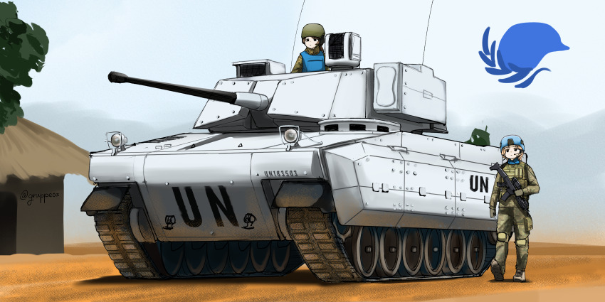 2girls absurdres anti-tank_missile armored_vehicle assault_rifle autocannon black_eyes blonde_hair body_armor brown_hair bulletproof_vest cannon caterpillar_tracks combat_helmet gruppe gun helmet highres hut load_bearing_vest military_combat_uniform military_uniform military_vehicle multiple_girls original rifle united_nations vehicle_focus weapon