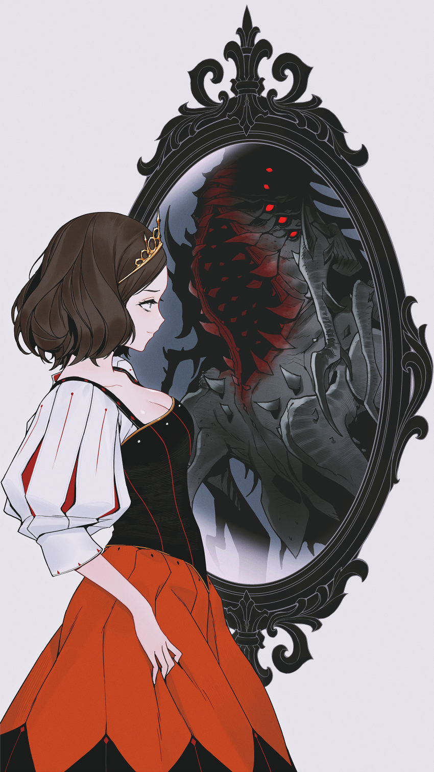 1girl absurdres blue_eyes breasts brown_hair cleavage commentary cthulhu_mythos dress english_commentary grey_background highres mirror monster nyarlathotep red_eyes sharp_teeth snow_white_(fairy_tale) snow_white_(fairy_tale_character) teeth tiara victor_bang