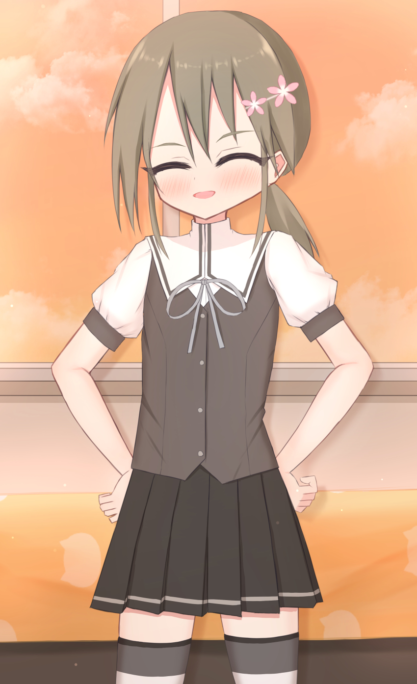 1girl absurdres black_skirt blush brown_hair brown_vest closed_eyes cloud flower grey_ribbon hair_flower hair_ornament hands_on_own_hips highres long_hair looking_at_viewer minowa_gin neck_ribbon open_mouth orange_sky ponytail puffy_sleeves ribbon school_uniform shirt shooko short_sleeves skirt sky smile standing striped_clothes striped_thighhighs thighhighs vest washio_sumi_wa_yuusha_de_aru white_shirt white_thighhighs window yuusha_de_aru