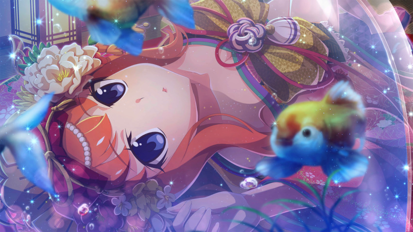 1girl air_bubble blue_eyes blurry bubble depth_of_field fish fishbowl flower foot_out_of_frame game_cg goldfish hair_flower hair_ornament highres higurashi_no_naku_koro_ni higurashi_no_naku_koro_ni_mei houtani_nao indoors japanese_clothes knees_up lens_flare long_hair looking_up lying non-web_source official_art oiran on_back orange_hair solo sparkle tatami triangle_mouth upside-down
