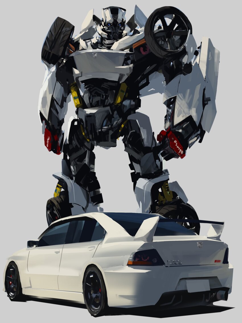 arms_at_sides autobot blue_eyes car highres mecha mitsubishi_lancer_evolution motor_vehicle no_humans original rintaro_komori robot science_fiction simple_background spoiler_(automobile) standing transformers vehicle_focus white_background white_car