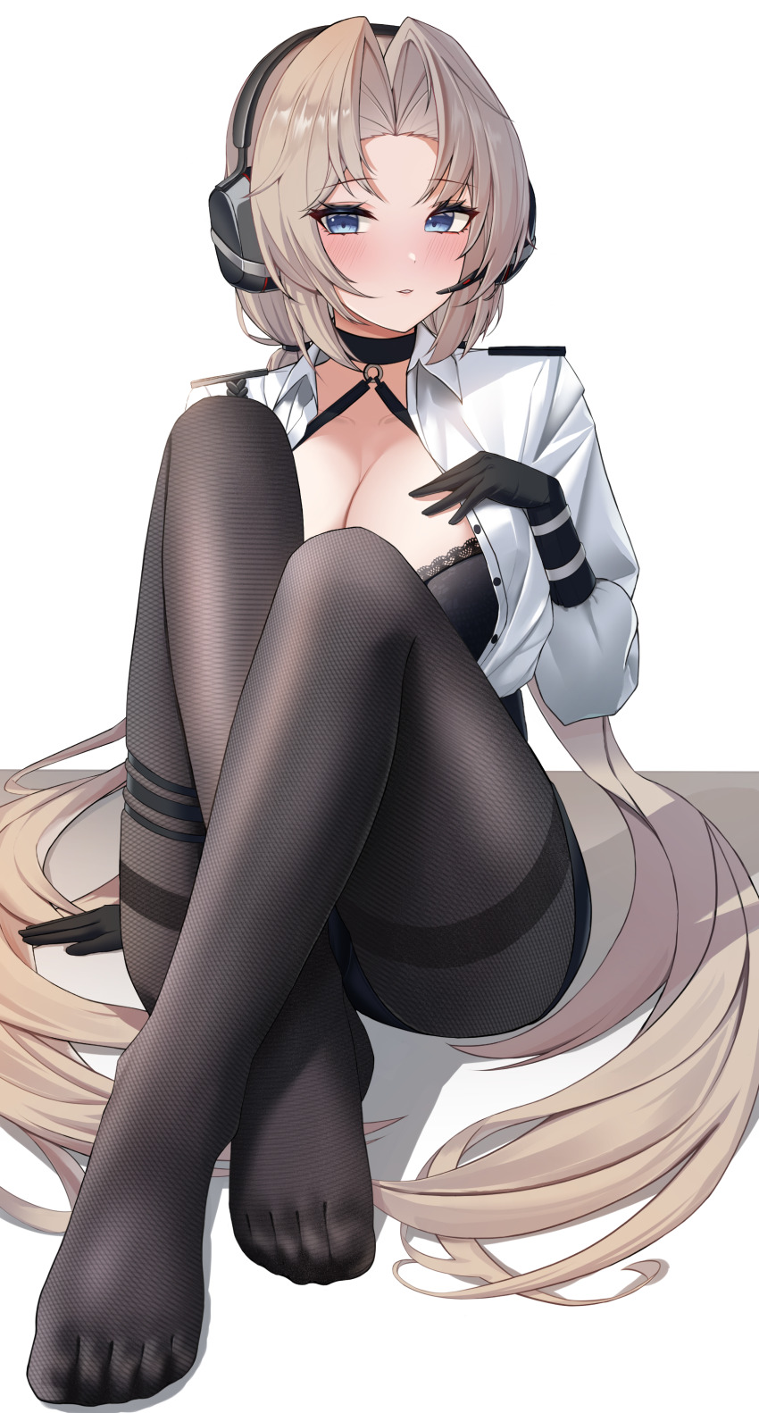 1girl absurdres azur_lane black_choker black_gloves black_pantyhose blonde_hair blue_eyes blush bra breasts choker cleavage collared_shirt eyelashes gloves hand_on_own_chest highres kronshtadt_(azur_lane) kronshtadt_(begin_the_rush!)_(azur_lane) lace lace-trimmed_bra lace_trim large_breasts long_hair long_sleeves official_alternate_costume open_clothes open_shirt pantyhose parted_bangs shirt simple_background sitting solo thighband_pantyhose toes underwear very_long_hair white_background white_shirt wynnblue