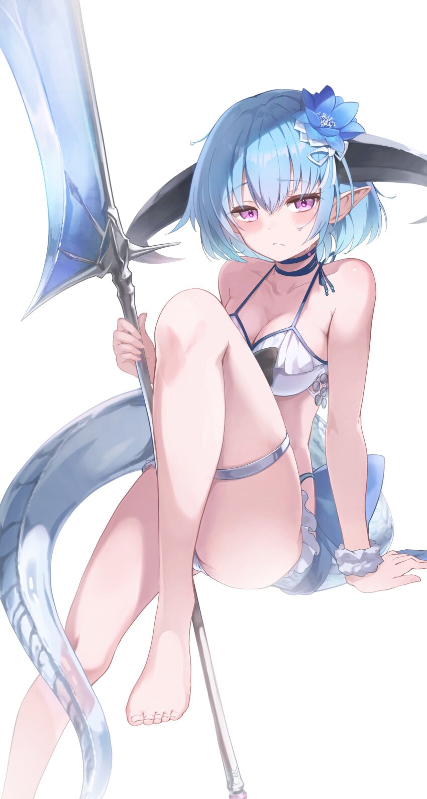 1girl absurdres arm_support bikini blue_flower blue_hair blush breasts cleavage closed_mouth curvy dragon_girl dragon_horns dragon_tail filene_(shadowverse) flower foot_out_of_frame hair_between_eyes hair_flower hair_ornament highres holding holding_polearm holding_weapon horns ichien_ekaki large_breasts looking_at_viewer pointy_ears polearm purple_eyes shadowverse shadowverse_evolve short_hair simple_background solo swimsuit tail thighs toes weapon white_background white_bikini