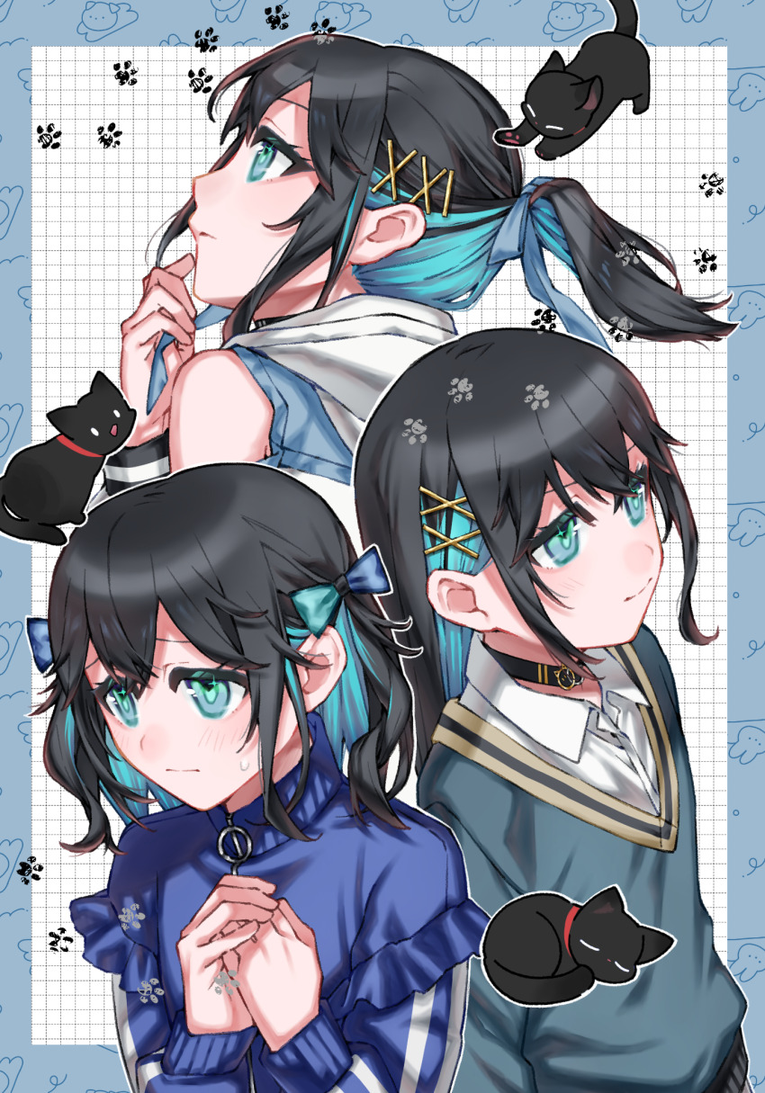 1girl alternate_costume alternate_hairstyle aqua_eyes aqua_sweater bare_shoulders black_cat black_choker black_hair blue_border blue_hair blue_jacket blue_ribbon border bow cat choker closed_mouth collared_shirt colored_inner_hair frilled_jacket frills grid_background hair_behind_ear hair_bow hair_ornament hair_ribbon hairpin highres hood hood_down jacket long_hair long_sleeves miyamai_moca multicolored_hair multiple_views outside_border own_hands_together paw_print ponytail ribbon shirt sweater tere_douga upper_body voicepeak white_background white_shirt x_hair_ornament