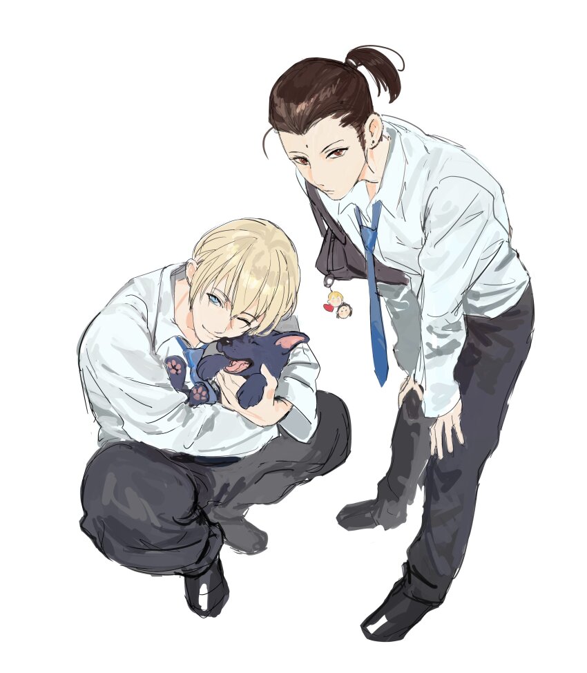 2boys absurdres animal bag black_hair black_pants black_shoes blonde_hair blue_eyes blue_necktie character_charm charm_(object) collared_shirt dog final_fantasy final_fantasy_vii full_body hands_on_own_knees highres holding holding_animal holding_dog leaning_forward long_sleeves male_focus multiple_boys necktie pants ponytail rufus_shinra school_uniform shirt shoes short_hair shou_rou shoulder_bag squatting standing tseng white_background white_shirt