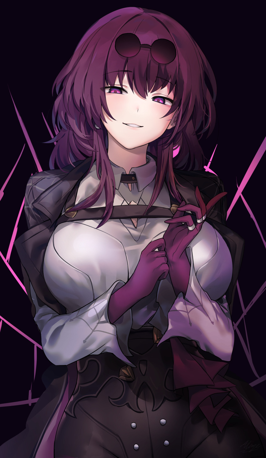 1girl absurdres allze black_jacket breasts chest_harness collared_shirt commentary dark_background english_commentary eyewear_on_head glasses gloves hair_between_eyes harness high-waist_shorts highres honkai:_star_rail honkai_(series) jacket jewelry kafka_(honkai:_star_rail) large_breasts long_hair long_sleeves looking_at_viewer multiple_rings open_clothes open_jacket pince-nez purple-tinted_eyewear purple_eyes purple_gloves purple_hair ring round_eyewear shirt shorts signature simple_background smile solo spider_web_background sunglasses teeth tinted_eyewear upper_body white_shirt