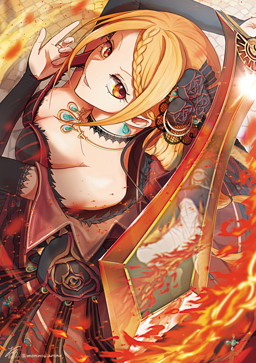 absurdres bandages breasts dress fire from_above highres holding holding_sword holding_weapon large_breasts mommoe_anime orange_hair priscilla_barielle re:zero_kara_hajimeru_isekai_seikatsu red_dress red_eyes sirius_(re:zero) sword two-tone_dress weapon