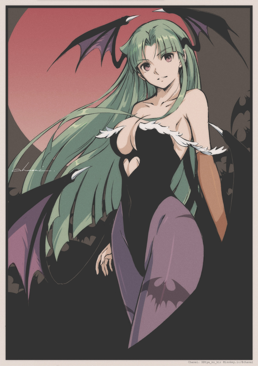 1girl absurdres animal_print bat_print black_leotard blunt_bangs breasts bright_pupils brown_eyes cleavage darkstalkers demon_wings green_hair head_wings highres leotard long_hair looking_at_viewer morrigan_aensland pantyhose parted_bangs purple_pantyhose solo strapless strapless_leotard tyanoki wings