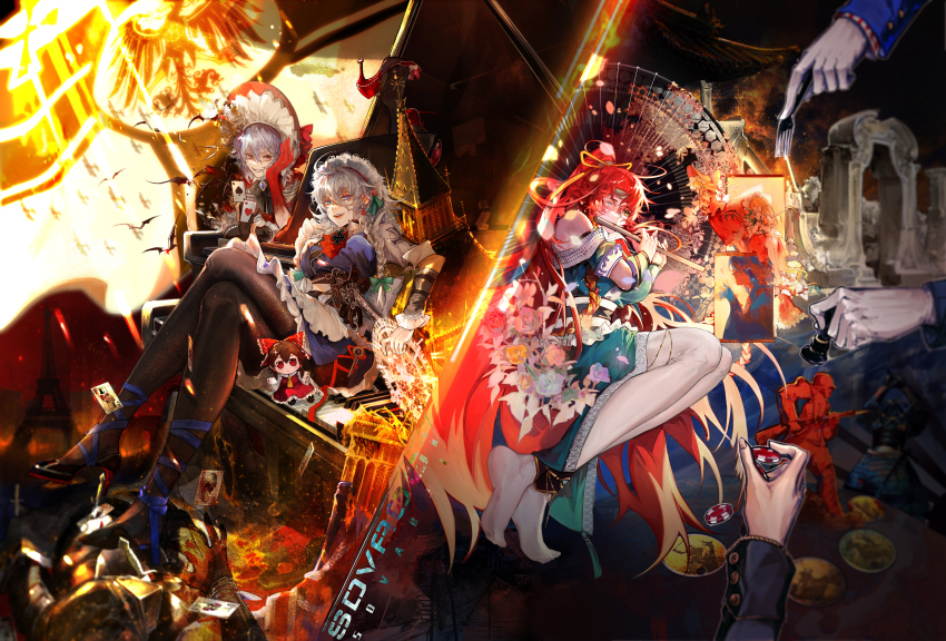 4others 6+girls :d absurdres ace_(playing_card) ace_of_hearts ace_of_spades ahoge ambiguous_gender apron arch ascot bat_(animal) black_bow black_bowtie black_footwear black_gloves black_pantyhose blonde_hair blue_dress blue_eyes bonnet bow bowtie braid bright_pupils brooch card character_doll chess_piece chinese_commentary clothing_cutout coat_of_arms colored_skin column commentary_request cross crossed_legs crying crying_with_eyes_open crystal diamond-shaped_pupils diamond_(shape) dress earrings eiffel_tower emphasis_lines falling_petals flandre_scarlet flower flute fork fumo_(doll) gloves green_bow green_dress green_eyes green_headband green_ribbon grey_hair gun hair_between_eyes hair_bow hair_ribbon hakurei_reimu half_gloves head_rest headband heart hearts_of_iron heterochromia high_heels highres holding holding_chess_piece holding_flower holding_fork holding_instrument holster holstered hong_meiling instrument iron_cross izayoi_sakuya jewelry kaiserreich key king_(playing_card) king_of_clubs knife long_hair looking_at_viewer maid_apron maid_headdress medium_hair multiple_girls multiple_others music no_eyes open_mouth pantyhose petals piano pillar pink_flower pink_rose playing_card playing_instrument poker_chip ponytail purple_hair queen_(playing_card) queen_of_clubs queen_of_hearts_(playing_card) red_ascot red_eyes red_flower red_hair red_headwear red_rose red_shirt red_skin red_skirt remilia_scarlet ribbon rose scarlet_devil_mansion shirt shoulder_cutout silhouette single_bare_shoulder sitting skirt skirt_set sleeve_cuffs slit_pupils smile soldier_game spade_(shape) stairs symbol-shaped_pupils tears teeth touhou toy_soldier tsurime twin_braids upper_teeth_only very_long_hair weapon white_apron white_headwear white_pantyhose white_pupils wings wrist_cuffs xiuchundao yellow_flower yellow_ribbon yellow_rose