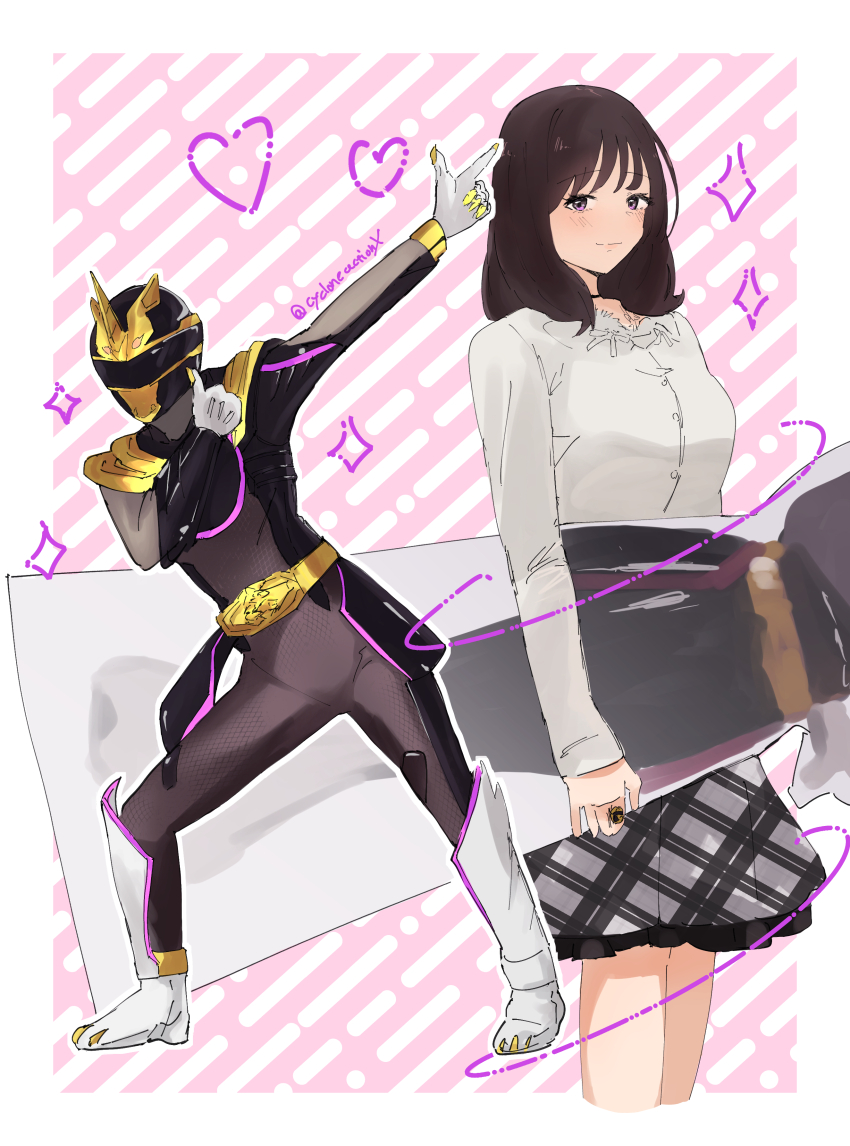 2025 20s absurdres adk-em artist_name bandai bandai_namco bodysuit brown_eyes brown_hair buckle cardboard claws cycloneactionx dancing fillipatch gozyu_unicorn helmet highres ichikawa_sumino jewelry no.1_sentai_gozyuger ring sentairing sentairing:_gozyu_unicorn super_sentai toei_company tokusatsu tsumegabuckle tv_asahi unicorn unicorn_horn