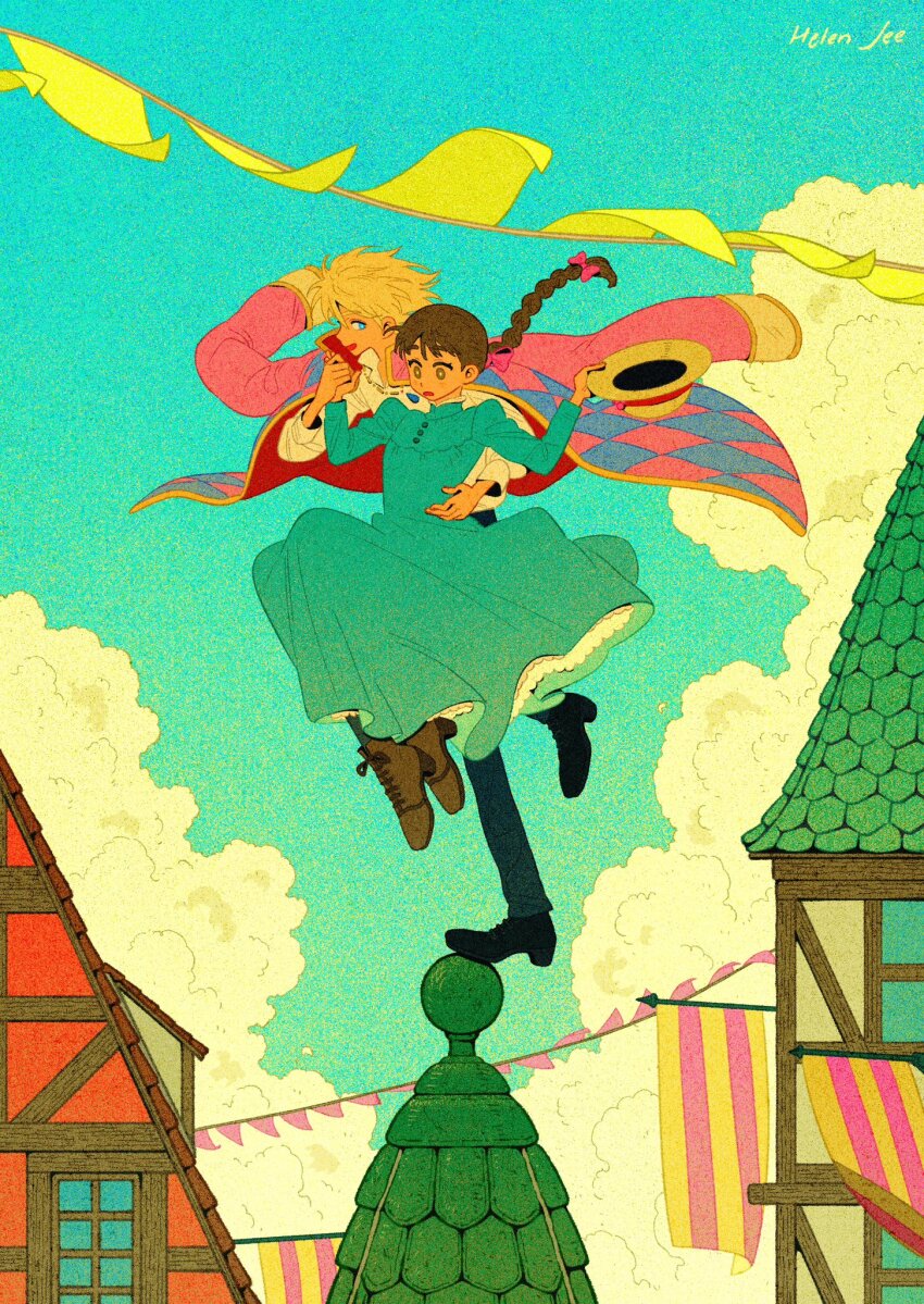 1boy 1girl aqua_eyes arm_around_waist artist_name black_pants black_shoes blonde_hair boots bow braid brown_boots brown_eyes brown_hair dress floating full_body gold_trim green_dress hair_bow hat helen_jee highres holding holding_hands holding_unworn_clothes holding_unworn_hat howl_pendragon howl_no_ugoku_shiro jacket jacket_on_shoulders long_dress long_hair long_sleeves medium_hair open_mouth pants pennant pink_bow shirt shoes single_braid smile sophie_hatter tile_roof town unworn_hat unworn_headwear white_shirt