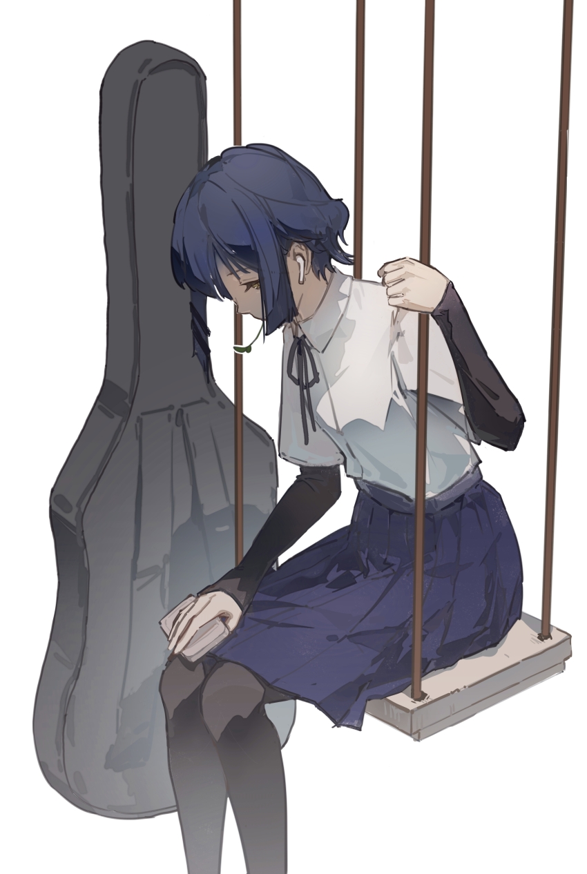 1girl absurdres black_pantyhose black_ribbon blue_hair blue_skirt bocchi_the_rock! cellphone chinese_commentary collared_shirt commentary_request dress_shirt earbuds earphones facing_down feet_out_of_frame from_side guitar_case highres holding holding_phone instrument_case knees_together_feet_apart layered_sleeves long_sleeves neck_ribbon on_swing pantyhose partial_commentary phone pleated_skirt ribbon shirt short_hair short_over_long_sleeves short_sleeves simple_background sitting skirt smartphone solo swing white_background white_shirt xiao&#039;er_yushiwuzheng yamada_ryo yellow_eyes