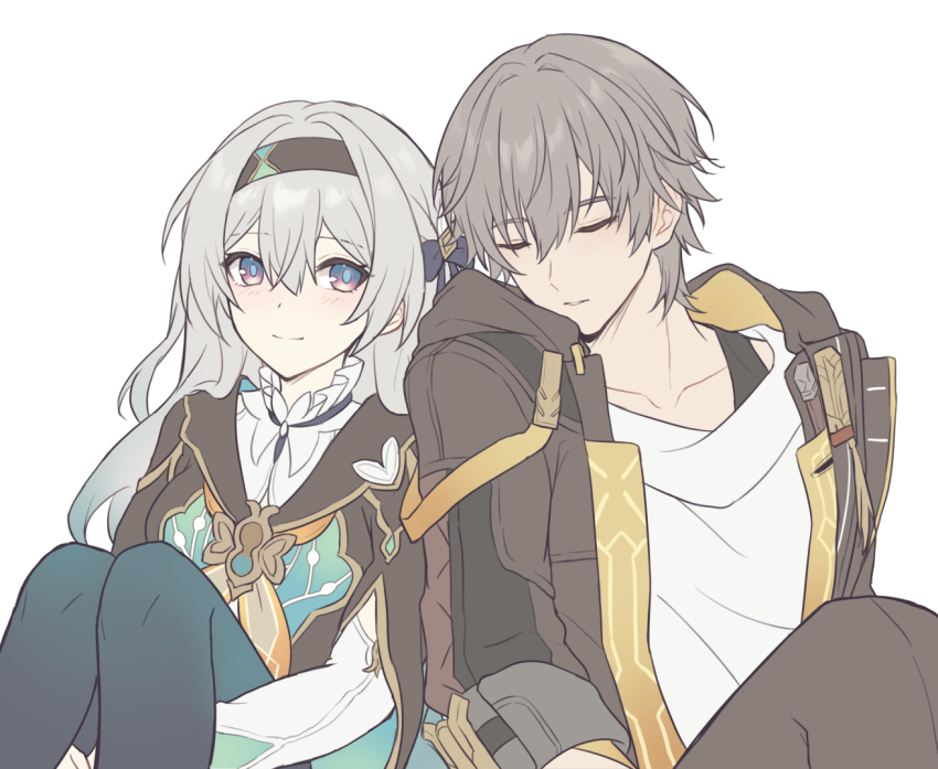 1boy 1girl aqua_thighhighs blue_pupils blue_ribbon blush brown_hairband brown_jacket brown_pants caelus_(honkai:_star_rail) closed_eyes collared_shirt detached_sleeves firefly_(honkai:_star_rail) gradient_eyes gradient_hair grey_hair hair_between_eyes hair_intakes hair_ornament hair_ribbon hairband honkai:_star_rail honkai_(series) jacket long_hair long_sleeves multicolored_eyes multicolored_hair neckerchief open_clothes open_jacket orange_neckerchief pants ribbon shiosio shirt simple_background sitting sleeping sleeping_on_person smile thighhighs trailblazer_(honkai:_star_rail) two-tone_eyes white_background white_shirt white_sleeves
