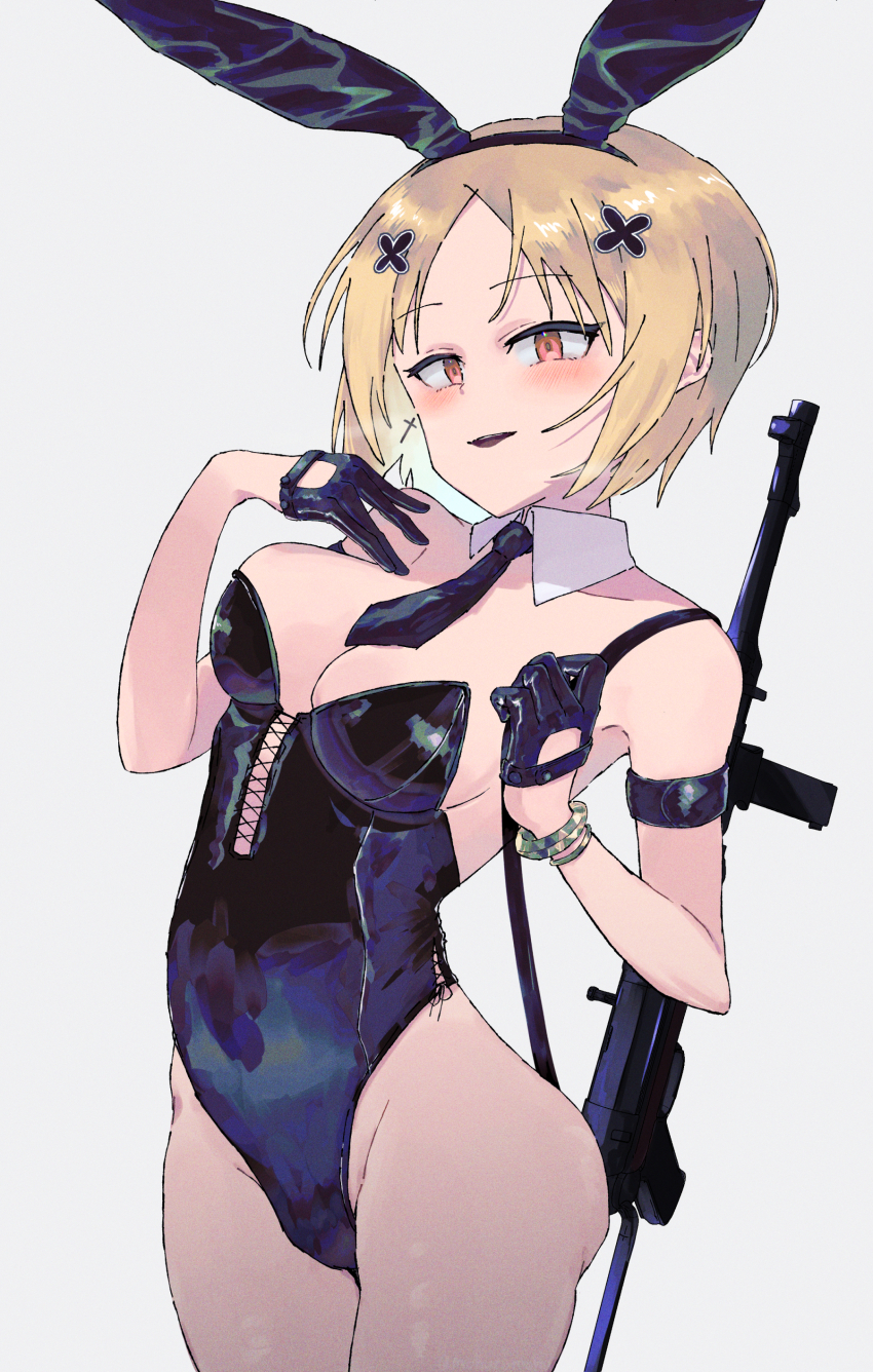 1girl absurdres animal_ears armlet black_leotard blonde_hair blush breasts brown_eyes cowboy_shot cross detached_collar fake_animal_ears girls&#039;_frontline gloves gun half_gloves highleg highleg_leotard highres iron_cross jewelry leotard medium_breasts mogemogehakumai mp40 mp40_(girls&#039;_frontline) playboy_bunny rabbit_ears short_hair simple_background solo strapless strapless_leotard submachine_gun weapon white_background