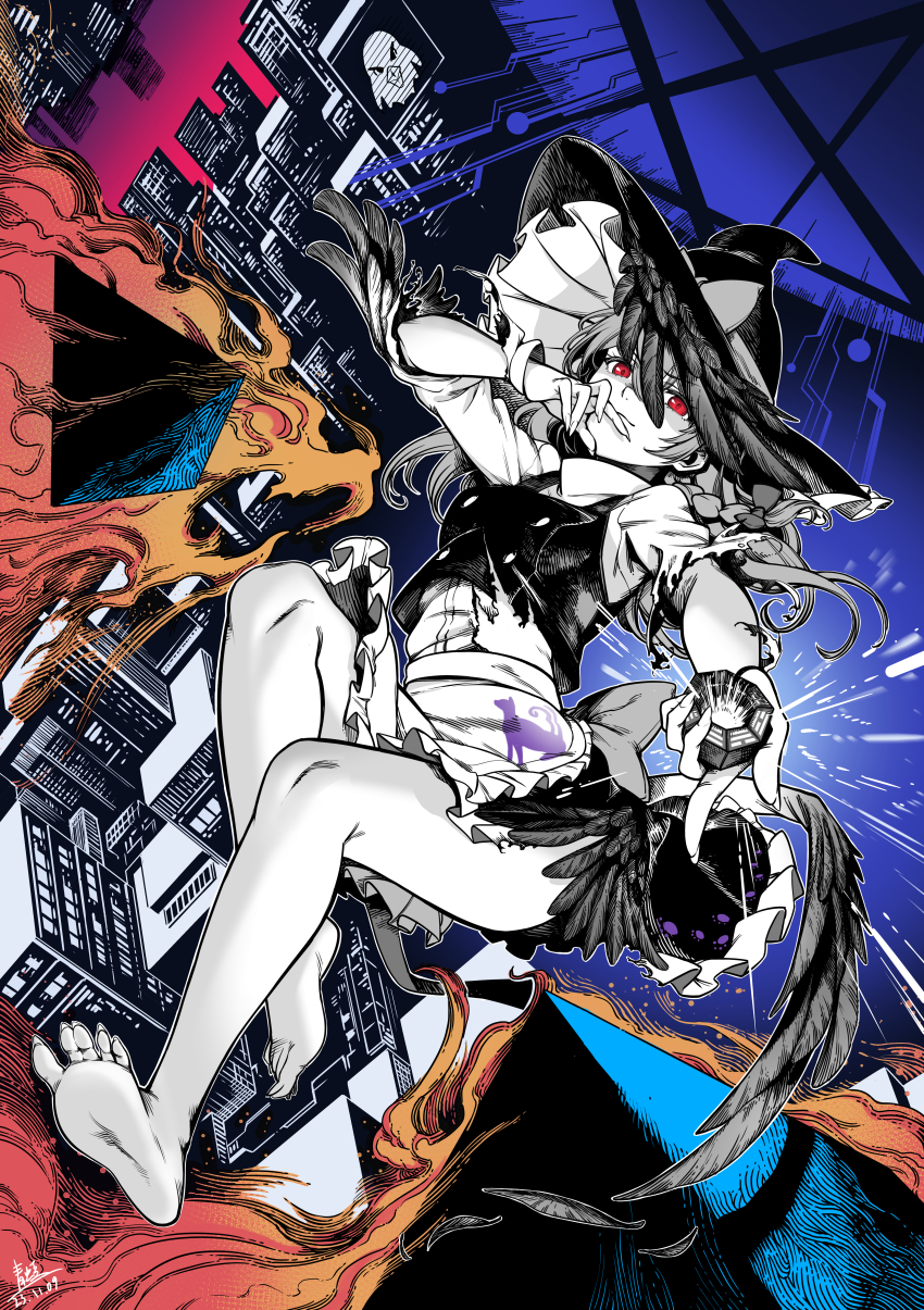 1girl absurdres animal_print apron arm_up back_bow barefoot bow cat_print closed_mouth commentary_request dated feathers full_body hat hat_bow hat_feather highres holding kirisame_marisa long_hair looking_at_viewer mini-hakkero partially_colored qingwa_chi_she red_eyes shirt signature solo torn_clothes torn_sleeves torn_vest touhou waist_apron wily_beast_and_weakest_creature witch_hat