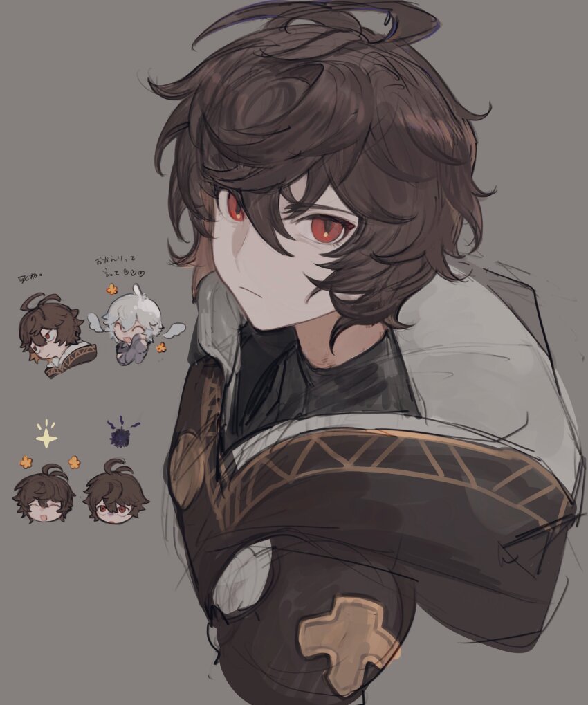 2boys absurdres ahoge annoyed bishounen brown_hair commentary commentary_request expressionless multiple_expressions flower granblue_fantasy grey_background hair_between_eyes happy highres hood hood_down light_frown looking_at_viewer lucifer_(shingeki_no_bahamut) male_focus messy_hair multiple_boys red_eyes sandalphon_(granblue_fantasy) short_hair sketch solo_focus sparkle turtleneck white_wings wings yomotobi