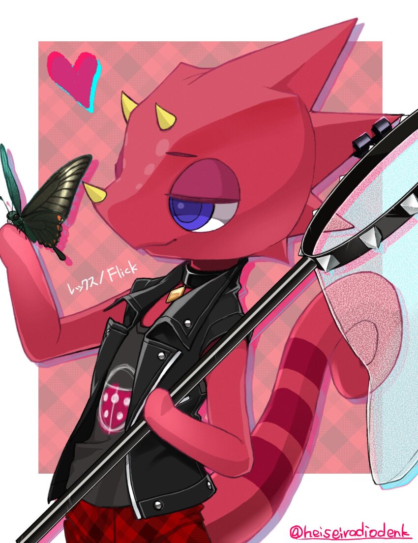 1boy animal_crossing black_butterfly black_choker black_jacket black_shirt border bug butterfly butterfly_net butterfly_on_hand choker closed_mouth flick_(animal_crossing) furry furry_male hand_net hato_(heiseiradiodenk) highres holding holding_butterfly_net insect jacket male_focus nintendo pants plaid_clothes plaid_pants purple_eyes red_pants reptile_boy shirt sleeveless sleeveless_jacket solo twitter_username white_border