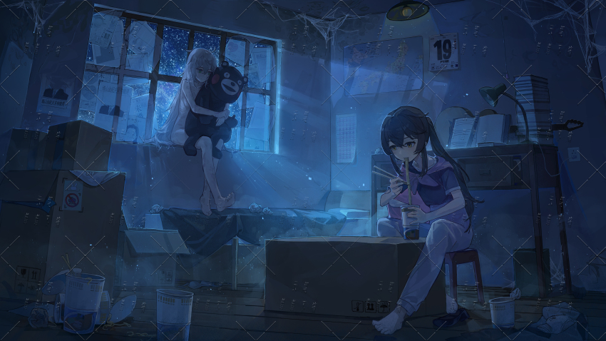 2girls 83416587 absurdres black_hair commission hair_between_eyes highres indoors japan kumamon long_hair multiple_girls neckerchief night original pupubutong scenery second-party_source sitting twintails white_hair
