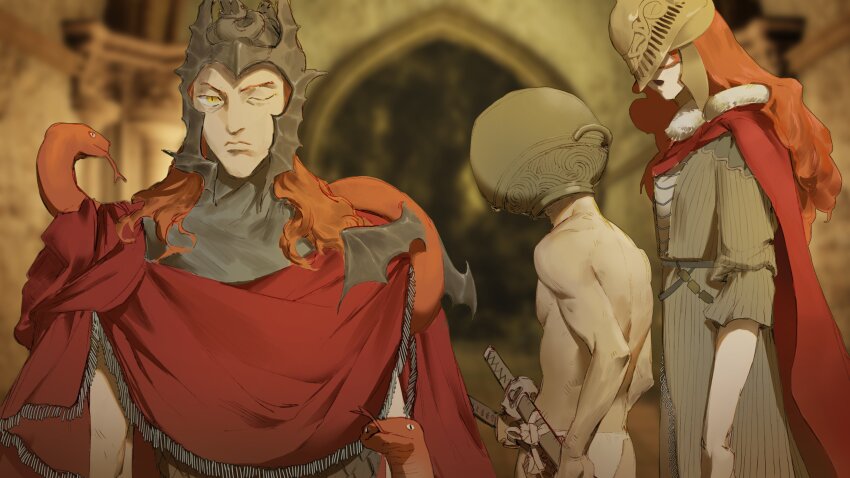 1girl 2boys absurdres akintoaster arch brown_dress cloak commentary covered_eyes distracted_boyfriend_(meme) dress elden_ring english_commentary forked_tongue fundoshi helmet helmet_over_eyes highres japanese_clothes katana let_me_solo_her long_hair looking_at_another looking_back male_underwear malenia_blade_of_miquella meme messmer_the_impaler multiple_boys one_eye_closed open_mouth pot_on_head red_cloak red_hair red_robe red_snake robe scabbard second-party_source sheath slit_pupils snake snake_on_shoulder sword tongue underwear underwear_only visor_(armor) weapon white_male_underwear yellow_eyes
