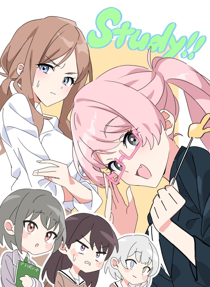 5girls :3 bang_dream! bang_dream!_it&#039;s_mygo!!!!! black_jacket blue_eyes brown_eyes brown_hair chihaya_anon closed_mouth commentary_request english_text fang glasses grey_hair grey_jacket hanasakigawa_school_uniform haneoka_school_uniform heterochromia highres holding holding_notebook jacket kaname_raana long_hair looking_at_viewer mole mole_under_eye multiple_girls mygo!!!!!_(bang_dream!) nagasaki_soyo notebook open_mouth ora_(oraora_oekaki) outline pink-framed_eyewear pink_hair ponytail purple_eyes sailor_collar school_uniform semi-rimless_eyewear shiina_taki shirt short_hair sweatdrop takamatsu_tomori under-rim_eyewear white_hair white_outline white_sailor_collar white_shirt yellow_eyes