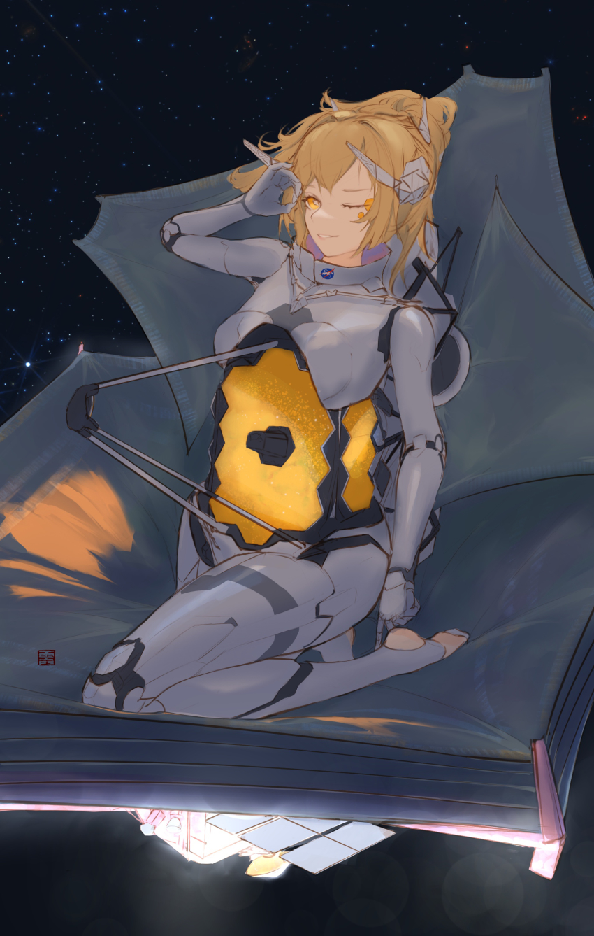1girl absurdres adjusting_hair blonde_hair commentary english_commentary hexagon highres james_webb_space_telescope joints logo looking_at_viewer mecha_musume mithiril nasa nasa_logo one_eye_closed original parted_lips personification real_life robot_joints satellite solo space spacecraft stirrup_legwear telescope toeless_legwear yellow_eyes