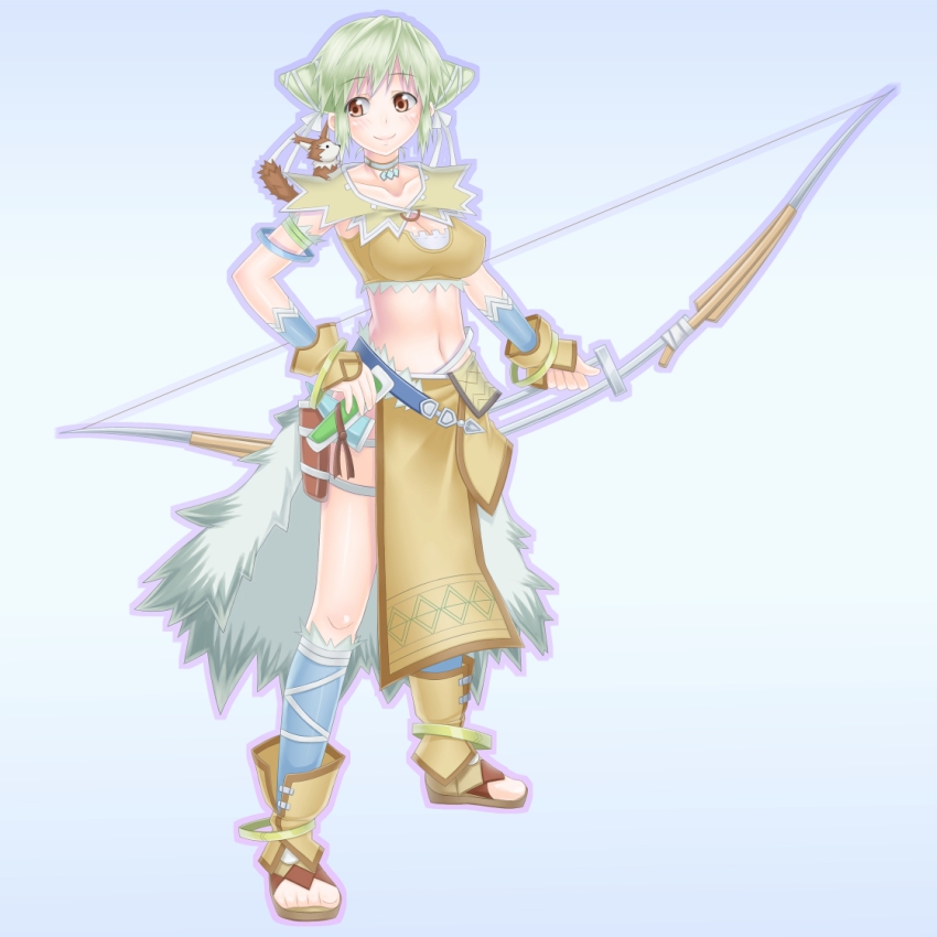 1girl anklet bad_id bad_pixiv_id blonde_hair boots bow_(weapon) breasts brown_eyes cleavage cone_hair_bun female_focus green_hair hair_bun horn_(instrument) jewelry large_breasts midriff open-toe_boots rock_(4koma) sandals skirt solo toeless_legwear trusty_bell viola weapon