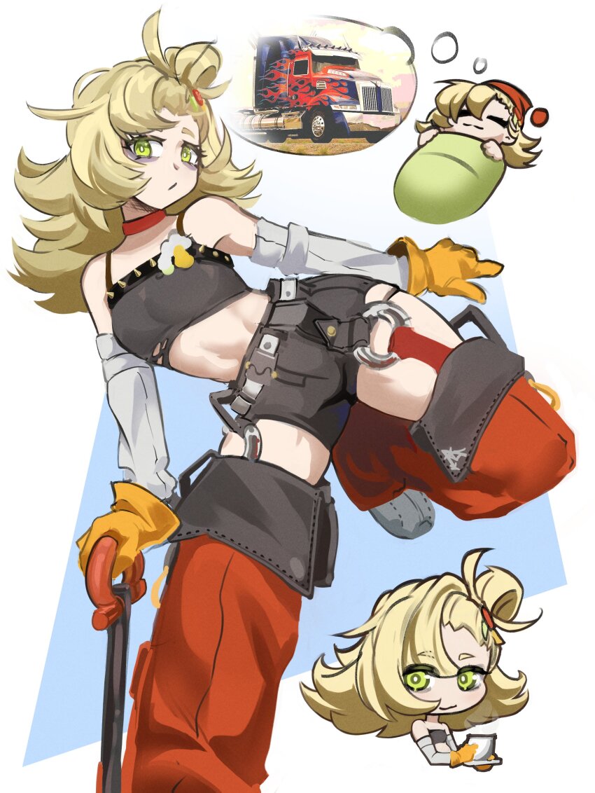 1girl absurdres bags_under_eyes black_shorts blonde_hair chibi crop_top detached_pants dreaming gloves green_eyes hair_bun highres long_hair looking_at_viewer midriff motor_vehicle optimus_prime piper_wheel short_shorts shorts sleeping speech_bubble strapless sunikito thick_thighs thighs thought_bubble transformers transformers_(2007_movie) transformers_(live_action) truck tube_top yellow_gloves zenless_zone_zero
