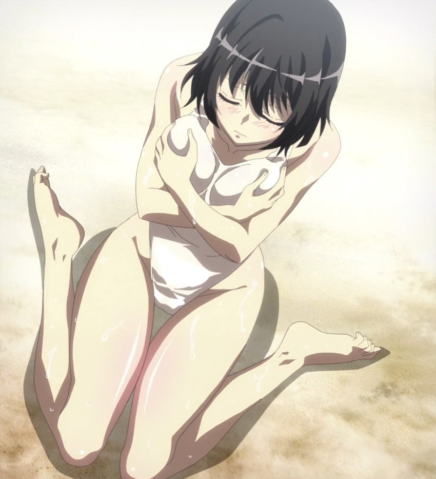 1girl barefoot blush breast_hold breasts brown_hair closed_eyes feet highres only_human sand screencap short_hair sin_nanatsu_no_taizai swimsuit the_seven_deadly_sins totsuka_maria