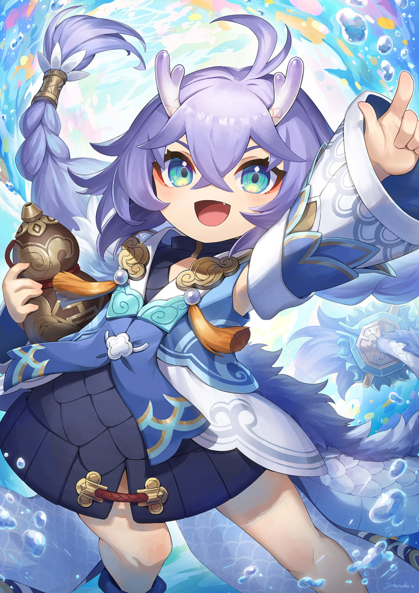 1girl ahoge bailu_(honkai:_star_rail) blush braid chinese_clothes detached_sleeves dragon_girl dragon_horns dragon_tail eastern_dragon_horns eastern_dragon_tail fang feet_out_of_frame gourd green_eyes hair_between_eyes highres holding holding_gourd honkai:_star_rail honkai_(series) horns long_hair long_sleeves looking_at_viewer open_mouth purple_hair smile solo tail thighs twin_braids underwater yuiko_(yuiyuiko_108)