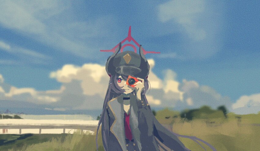 1girl black_coat black_hair black_horns blue_archive blue_sky bridge camera chiaki_(blue_archive) coat demon_horns halo hat highres holding holding_camera horns medamayaki27760 necktie panorama peaked_cap red_eyes red_halo red_necktie sky solo