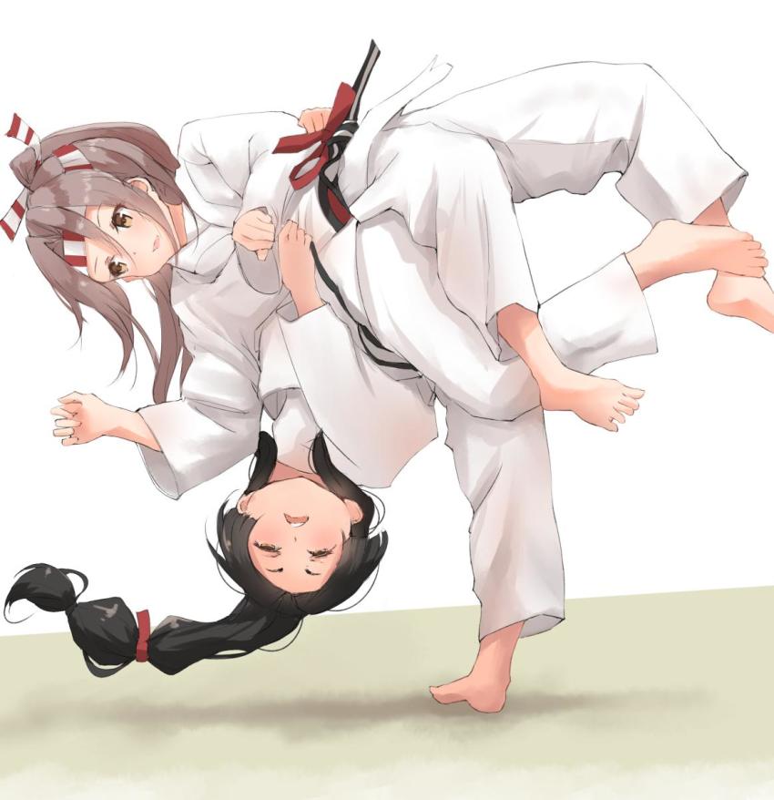 2girls alternate_costume barefoot black_hair brown_eyes brown_hair commentary_request dougi hachimaki hair_tie headband high_ponytail highres judo judo_throw k_jie kantai_collection light_brown_hair long_hair multi-tied_hair multiple_girls nisshin_(kancolle) ponytail very_long_hair zuihou_(kancolle)