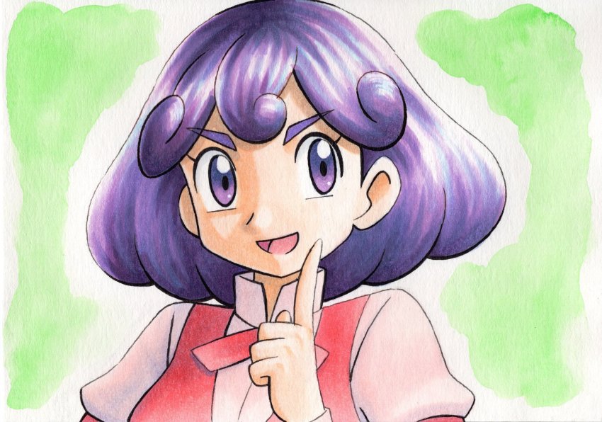 1girl :d burgundy_(pokemon) commentary_request eyelashes green_background hand_up high_collar highres index_finger_raised medium_hair neck_ribbon nintendo oka_mochi open_mouth pink_shirt pokemon pokemon_(anime) pokemon_bw_(anime) purple_eyes purple_hair ribbon shirt smile solo tongue traditional_media upper_body vest