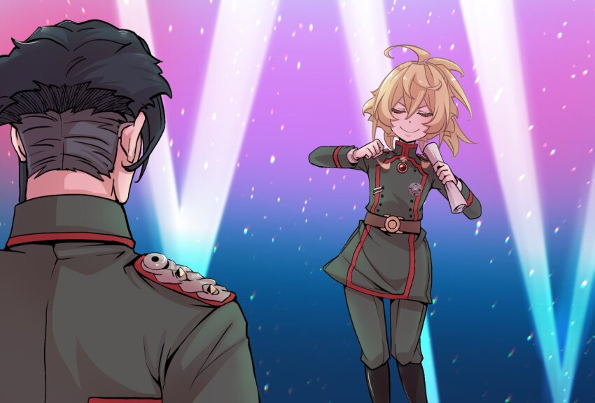 1boy 1girl ahoge belt black_hair blonde_hair boots brown_belt clenched_hand closed_mouth erich_von_rerugen facing_viewer feet_out_of_frame gem hair_between_eyes hal_(goshujinomocha) holding long_sleeves medal meme multicolored_background pants shikairo_days_dance_(meme) shikanoko_nokonoko_koshitantan smile tanya_degurechaff undercut youjo_senki
