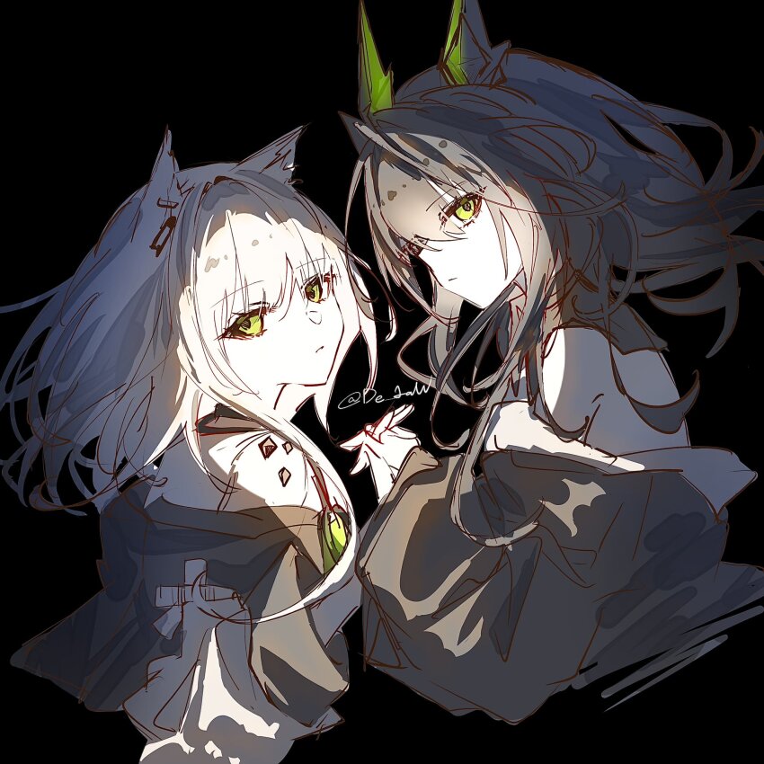 2girls animal_ears arknights bare_shoulders black_background brown_hair closed_mouth commentary cropped_torso de_1aw expressionless green_eyes highres holding_hands interlocked_fingers kal&#039;tsit_(arknights) long_sleeves material_growth medium_hair mon3tr_(arknights) multiple_girls off_shoulder oripathy_lesion_(arknights) parted_lips personification profile simple_background sketch white_hair