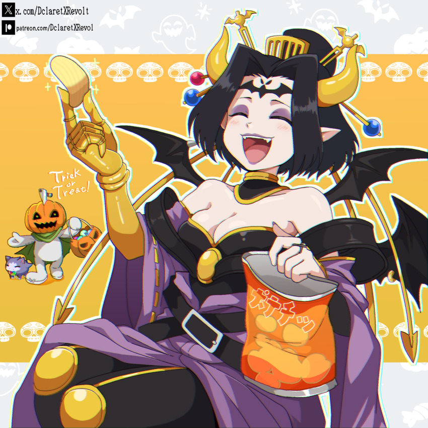 1girl bare_shoulders black_hair black_wings blush breasts chips_(food) chromatic_aberration cleavage closed_eyes commentary dclaret digimon digimon_(creature) english_commentary eyeshadow fangs food hair_ornament hair_stick halloween happy highres holding holding_food horns lilithmon makeup pointy_ears potato_chips pumpkin_head pumpmon sitting translation_request trick_or_treat wings